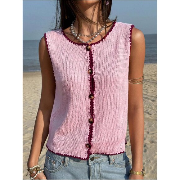 Women's Cropped Sweater Vest Acrylic Sleeveless Button Up Knit Top - Picture 4 of 6